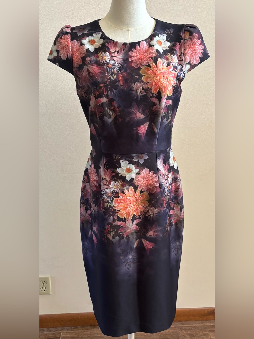 Betsey Johnson Floral Sheath Dress Navy Pink Autumn Wedding Guest Cocktail Dress